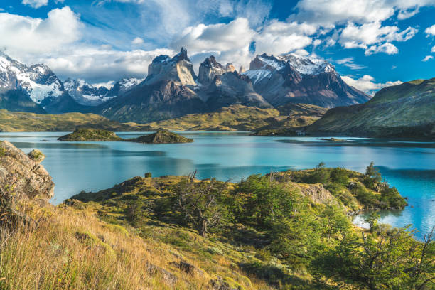 Jagged mountain peaks and a glacial lake in Patagonia